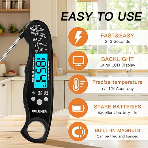KULUNER TP-01 Waterproof Digital Instant Read Meat Thermometer with 4.6 Folding Probe Backlight Calibration Function for Cooking Food Candy, BBQ Grill, Liquids,Beef(Black)