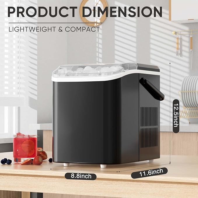 DUMOS Countertop Ice Maker with Handle, 26lbs/24H Portable Ice Machine, 9 Bullet Ice Cubes Ready in 6 Mins, Self-Cleaning, Quiet Compact Ice Maker for Home, Kitchen, RV, Camping, Black