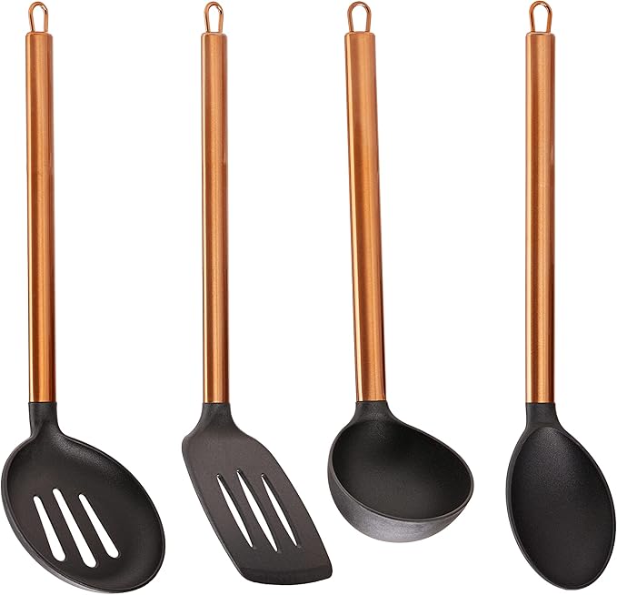 Servappetit 5 Pc Cooking Utensil Set - Slotted Spatula, Oval Spoon, Round Spoon with Holder - Heat Resistant, Non-Stick - Copper