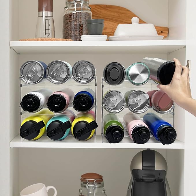 3 Pack Water Bottle Organizer, Stackable Kitchen Home Organization and Storage Rack, Plastic Cup Storage Organizer for Kitchen Cabinet Cupboard Organizer and Storage Cup Rack for Counter