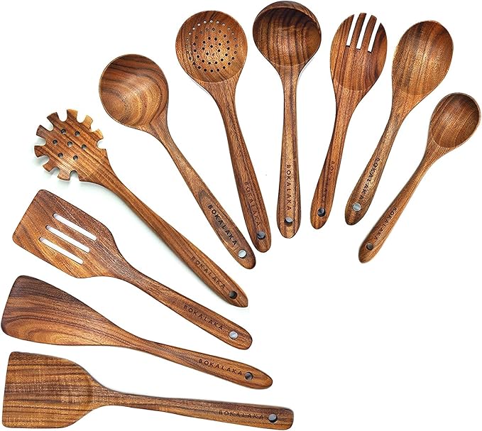 Wooden Spoons for Cooking,10 Pcs Natural Teak Wooden Kitchen Utensils Set Wooden Utensils for Cooking Wooden Cooking Utensils Wooden Spatulas for Cooking (10)