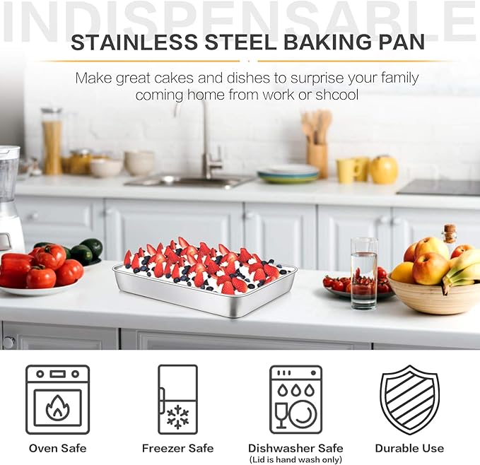 E-far Stainless Steel Baking Pan with Lid, 12⅓ x 9¾ x 2 Inch Rectangle Sheet Cake Pans with Covers Bakeware for Cakes Brownies Casseroles, Non-toxic & Healthy, Heavy Duty & Dishwasher Safe - Set of 2
