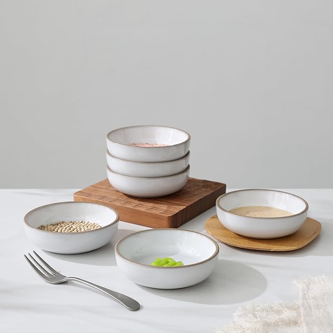 famiware Nature Ceramic Soy Sauce Dish, Dipping Bowls Set of 6, 3 oz Dipping Sauce Bowls/Dishes/Cups/Plates, Small Serving Bowls for Side Dishes, Condiments, Sushi, Appetizer, Dessert, Snowy White