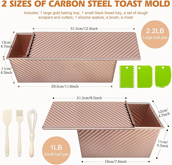 2Pack Loaf Pans with Lids – 2.2 LB & 1 LB Dough Capacity, Non-Stick Carbon Steel Bread Pans for Homemade Sandwich and Sourdough Bread, Corrugated Toast Mold