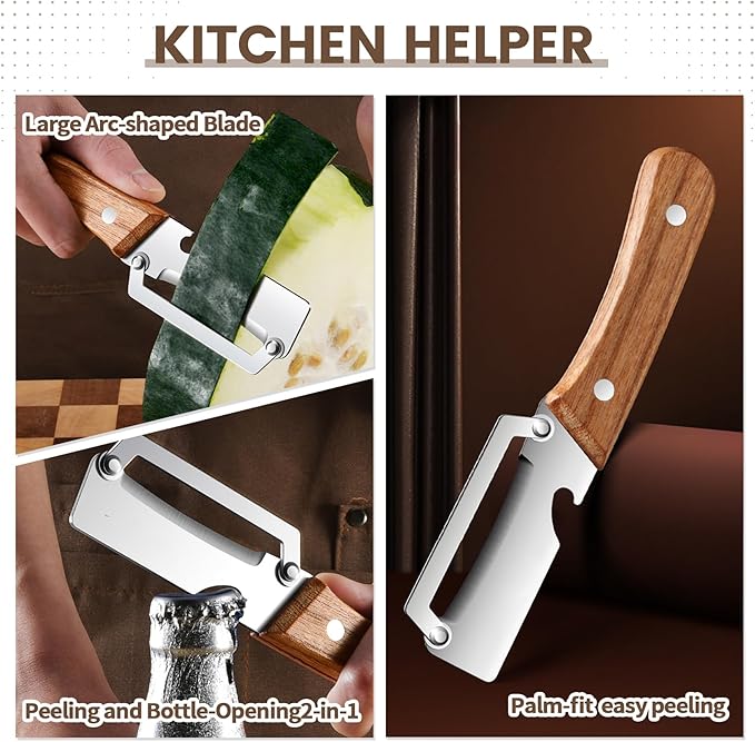 Multi-Functional Vegetable Peeler for Kitchen with Wooden Handle and Bottle Opene, Non-Slip Ergonomic Handles, Stainless Steel Blade Kitchen Tool for Vegetables or Fruits that Need to Be Peeled