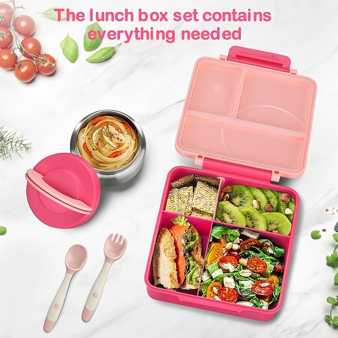 Bento Lunch Box Set for Kids with 8oz Soup Thermo, Leak-Proof Lunch Containers with 4 Compartment, Kids Thermo Hot Food Jar and Insulated Lunch Bag for Kid to School-Pink