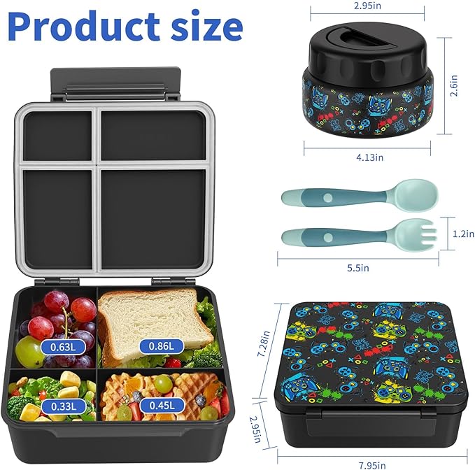 Bento Box for Kids with Thermo Food Container (9oz), 4-Compartment Lunch Box, Adjustable Divider, Leakproof Bento Lunch Box, Includes Utensils & Carry Bag for School, Office(Black-Game)