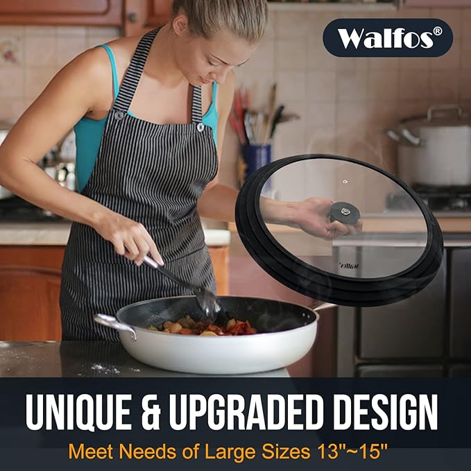 Walfos Universal Lid for Pots, Pans and Skillets - Tempered Glass with Heat Resistant Silicone Rim, Fits 13", 14" and 15" Diameter Cookware