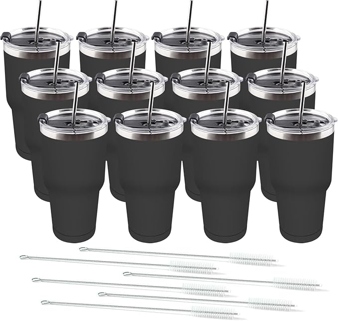 Amtidy 12 Pack 30oz Travel Mug, Powder Coated Stainless Steel Vacuum Double Wall Bulk Tumbler, Durable Insulated Coffe Cup with Splash Proof Lids straw and cleaning brush，for Home, Office, Party