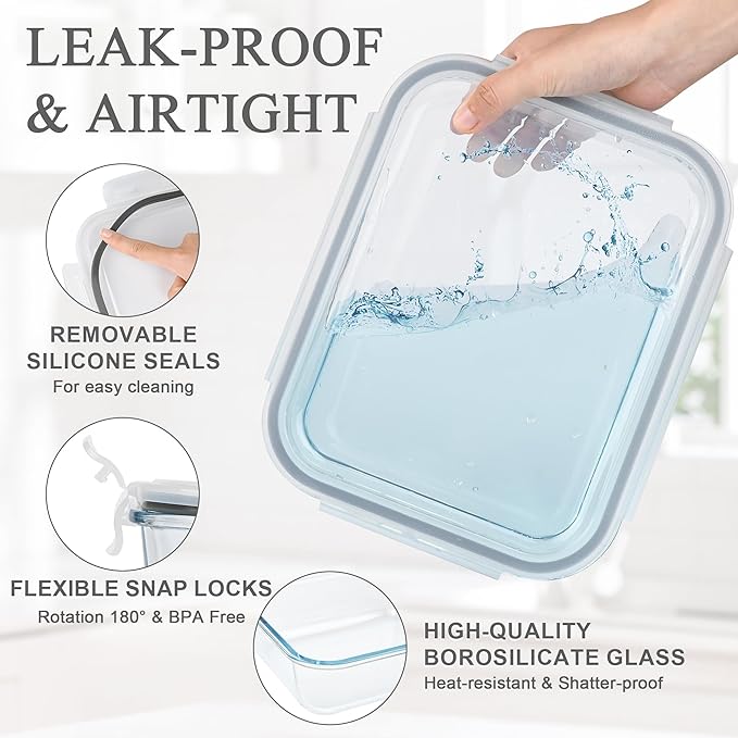 GEHE 9.8 Cup / 78 Oz Large Glass Food Storage Containers with Lids, 2 Pack Glass Meal Prep Containers Set with Airtight Locking Lids - Storing Food, Baking, Leakproof, Freezer, Microwave & Oven Safe