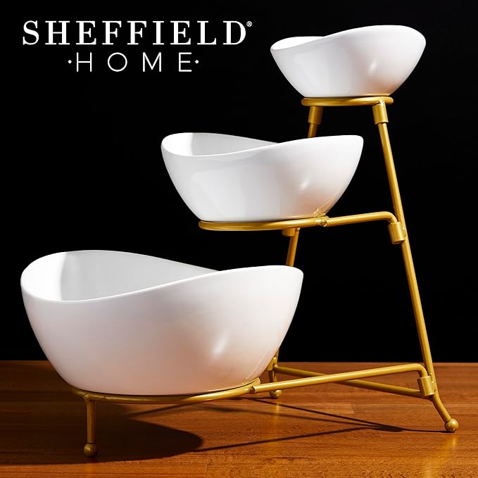 3 Tier Large Serving Bowls Set - Microwave & Dishwasher Safe Stoneware Fruit Bowl with Collapsible Gold Metal Stand - Bowls for Kitchen, Dinner Parties, Desserts, Chip and Dip & Side Dishes (White)