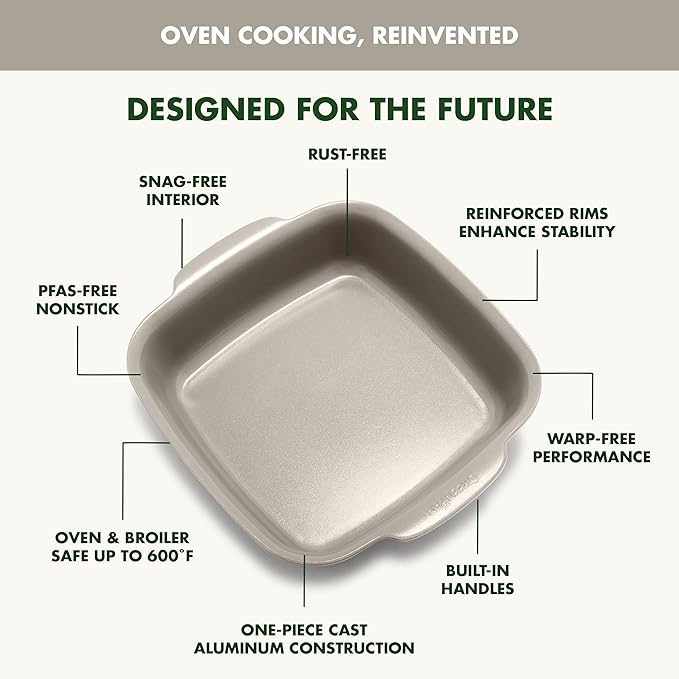 GreenPan Premiere Ovenware Healthy Ceramic Nonstick 8" Square Cake Baking Pan, PFAS-Free, Warp-Free Bakeware, Durable Quick Heating, Oven & Broiler Safe to 600F, Dishwasher Safe, Taupe