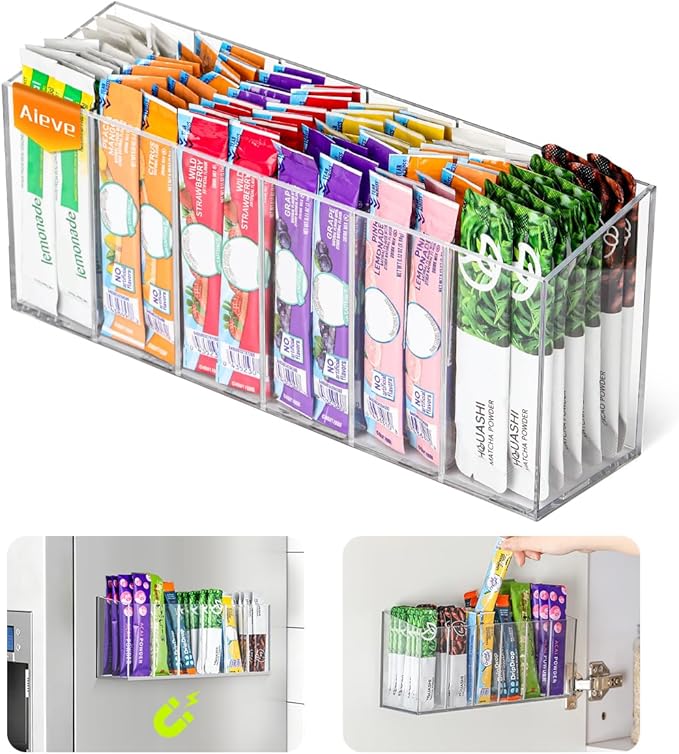 AIEVE Drink Packet Organizer, Mountable Water Packet Organization Holder with Adhesive & Magnetic Sticker, Pantry Organizers Kitchen Storage for Countertop Table Fridge Cabinet