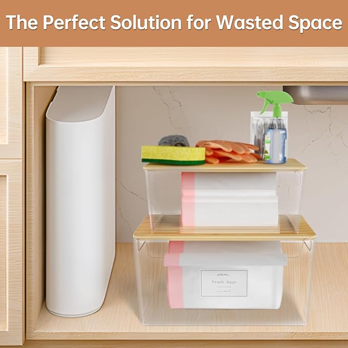2 Pack Trash Bag Holder Under Sink Stackable, Plastic Garbage Dispenser with Lid, Trash Bag Storage Dispenser Roll Holder for Kitchen, Pantry, Laundry Room Organization