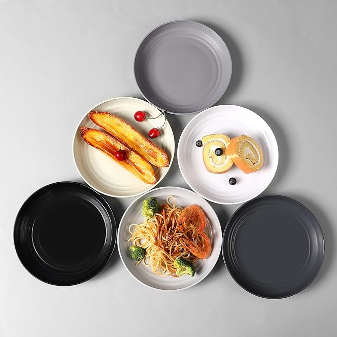 12 Pcs Unbreakable Deep Dessert Plates Set, 8 inch Reusable Plastic Wheat Straw Plates, Microwave and Dishwasher Safe Plate for Kitchen, Lightweight Plate for Dessert, BPA Free, White Gray