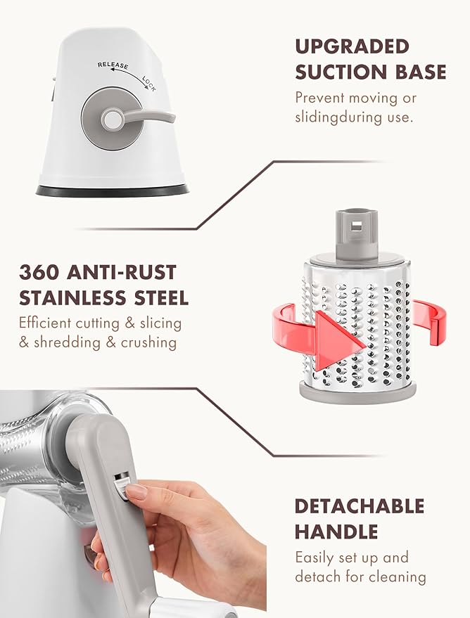 GDL Rotary Cheese Grater, Upgraded 5-in-1 Cheese Grater Hand Crank, Multi-purpose Cheese Shredder with Handle, Vegetable Slicer Cutter Ice Shaver for Potato, Carrot, Nuts, Chocolate