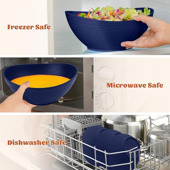 Homienly Wheat Straw Bowls, 9.6 inch Salad Bowls, Large Serving Dishes for Wedding Parties, Camping, 60 OZ Bowl Set for Salad, Popcorn, Oval Shape, Microwave & Dishwasher Safe, Set of 4, Dark Blue