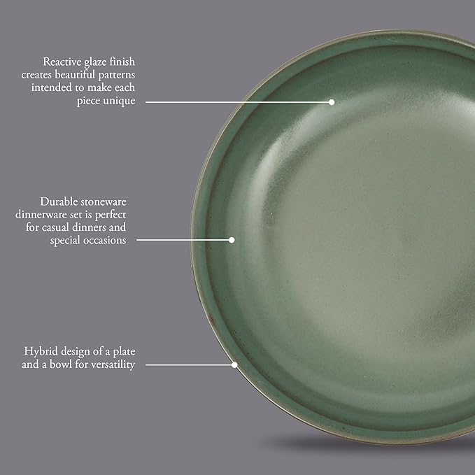 Gibson Elite Beckett 4-Piece 9 Inch Dinner Plate Bowl Set – Reactive Glaze Stoneware – Shallow Serving Pasta Bowls (Blate) – Wide-Rim Round Shape – Microwave & Dishwasher Safe - Green