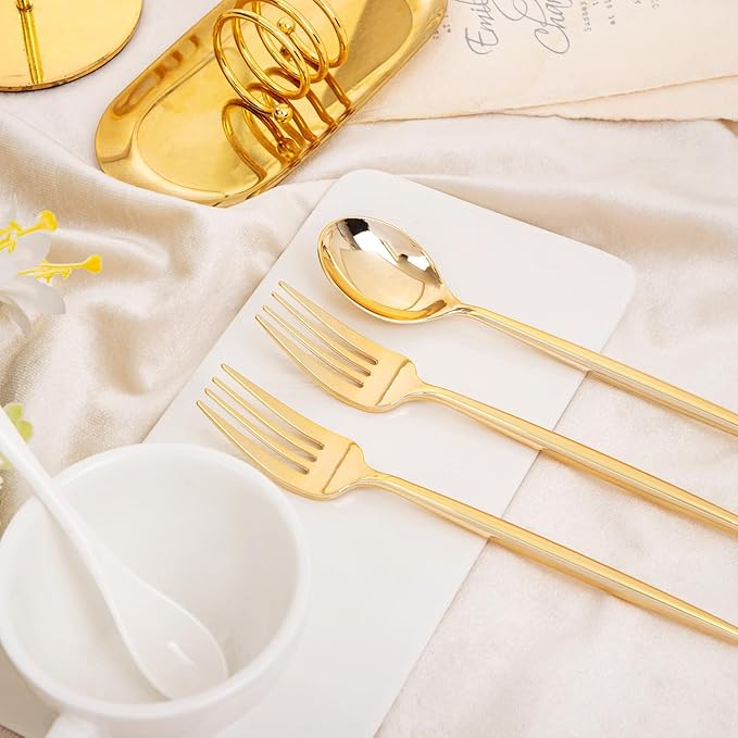 SUT 100PCS Gold Plastic Forks and Spoons Heavy Duty Set, Gold Disposable Silverware, Gold Cutlery, Gold Disposable Utensils, Plastic Flatware Includes 50 Forks, 50 Spoons for Party