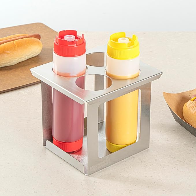 Restaurantware Squeeze Bottle Holder Pack of 1 Stainless Steel 4 Hole Bottle Holder, 2.5" Diameter Fits 1/6 Size Opening, Dishwasher Friendly Integrated Lip Design Holder for Condiment Bottles