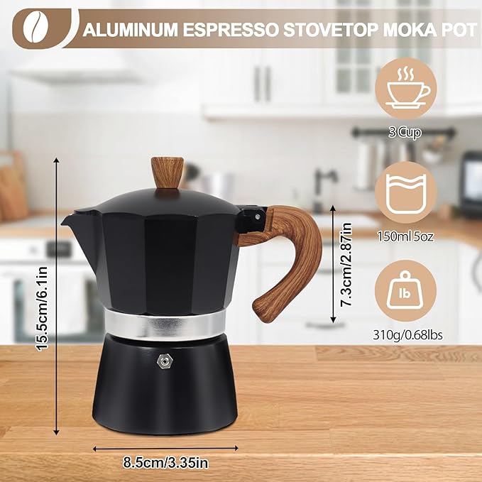 Aluminum 3 Cup 150ml Moka Pot Express Coffee Maker Stovetop Espresso Colorful Coffeemaker Italian Classic Style Brewing Greca Cafe Mocha Machine for Cafeteras Lover Camping Travel and Home Use 5oz