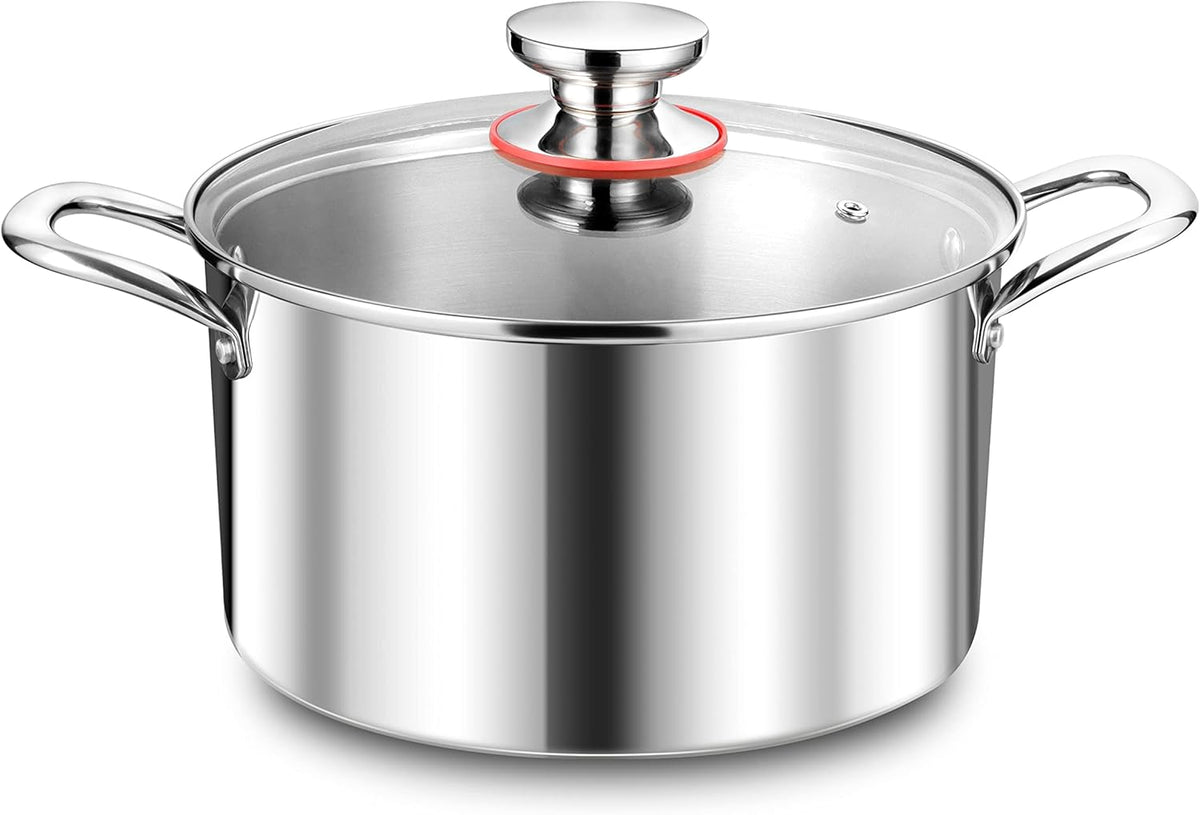 Herogo 4.5 Quart Stock Pot, Tri-Ply Cooking Pot with Lid, 18/10 Stainless Steel Pasta Stockpot with Handles, 4.5 QT Stockpot for Induction Electric Gas Stove, Dishwasher Safe
