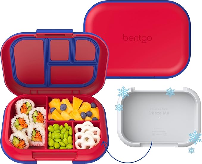 Bentgo Chill Kids Leak-Proof Lunch Box - 4-Compartment Bento Box with Built-In Ice Pack, 3.3 Cup Capacity, PFAS & BPA-Free, Microwave & Dishwasher Safe, Ideal Size for Ages 3 to 7 (Red/Royal)