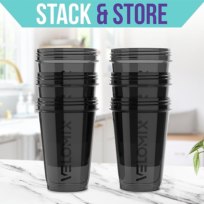 VELOMIX -6 PACK- Shaker Cups for Protein Shakes 20 oz - 6x Wire Whisk | Leak Proof Protein Shaker Bottle for Protein Shakes, Shaker Bottle Pack for Pre & Post Workout, Shaker Cup (ALL IN BLACK)