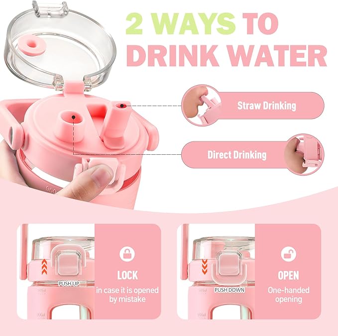 BLUEGO 40 oz Glass Water Bottles with Straw Time Marker, Glass Tumbler with Handle Top Lids, Easy to Clean, Fits in Car Cup Holder, Leakproof Jug for Gym, Sports, Workout & Daily, Pink