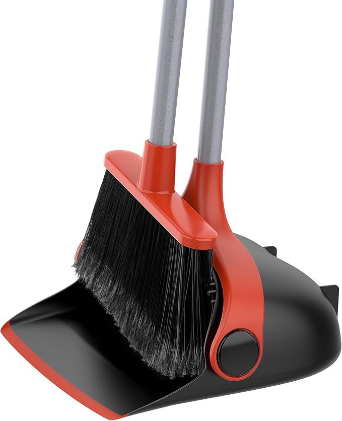 MR.SIGA Broom and Dustpan Set with Long Handle, Stand Upright Broom with Dustpan Combo for Floor Cleaning, Lightweight Sweeping Set for Indoor and Outdoor Use, 51.7"(131 cm) Long Handle, Black & Red