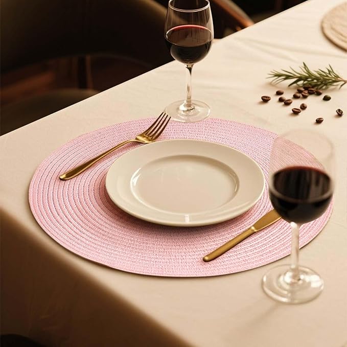 FunWheat Round Braided Placemats Set of 6 Place mats for Dining Tables Woven Heat Resistant Table Mats 15 inch (Pink)