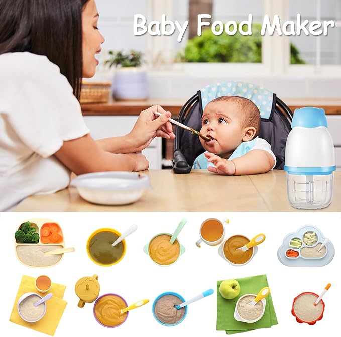 Baby Food Maker, Cordless Food Processor Puree Blender with 350ml Glass Bowl ＆ 6 Sharp Blades, Small Wireless Chopper Baby Puree Maker, Mini Rechargeable Chopper Kitchen Mixer for Fruit,Vegetable,Meat