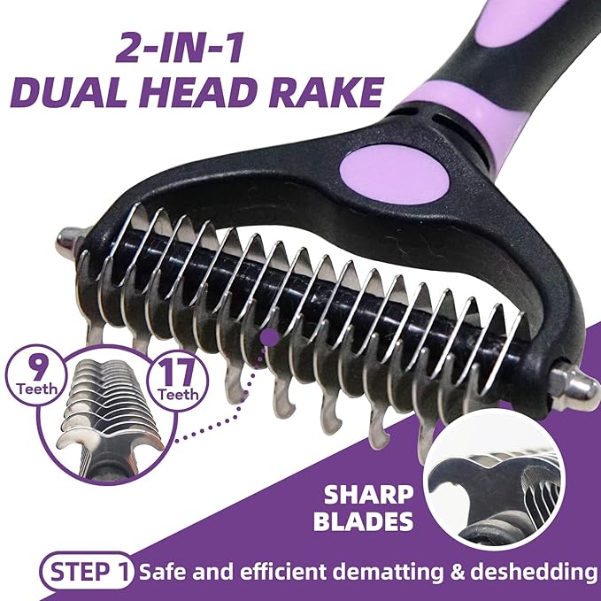 Dog Brush for Shedding, 7 PCS Dog Grooming Brush Kit Including Undercoat Rake, Slicker Brush, Dematting Comb, Nail Clipper, Bath Brush for Long & Short Haired Dogs, Cats - Purple