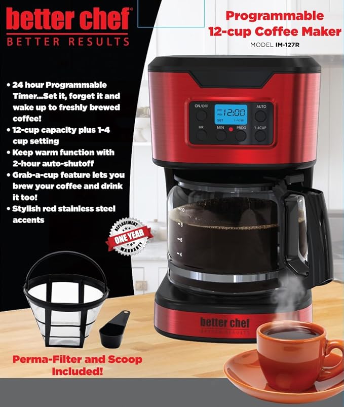 Better Chef Programmable 12-Cup Coffee Maker | 1-4 Cup Setting | Auto-Pause to Serve | 2hr Keep Warm | Perma-Filter | Stainless (Red)