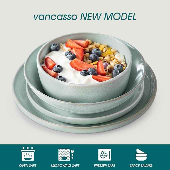 vancasso ANYA 24 Pieces Plates and Bowls Set, Mint Green Dinnerware Sets, Reactive Glaze Dishes Set for 6, Ceramic Dishware Sets Kitchen Dinner Set, Microwave & Dishwasher Safe