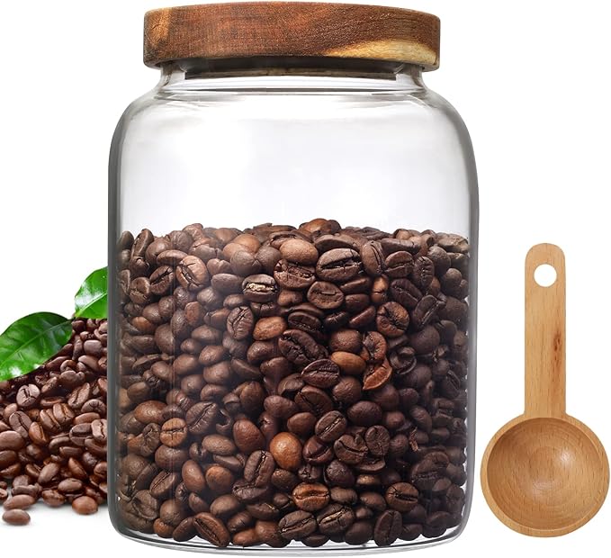 Glass Coffee Storage Jar with Lids Spoon Thicken Glass Coffee Canister Borosilicate Glass Food Containers for Ground Coffee Beans Nut Pasta Sugar Candy Spice Rice Loose Tea