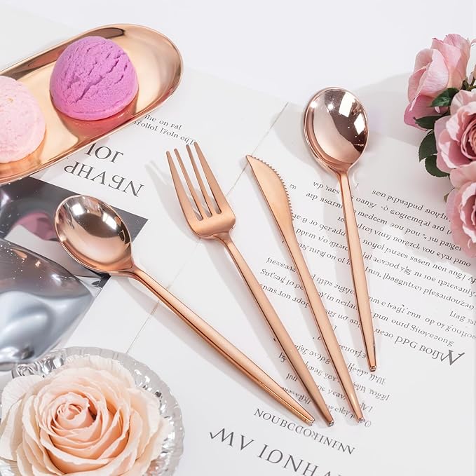 PULOTE 150PCS Rose Gold Plastic Silverware Set - Heavy Duty Rose Gold Utensils - Plastic Cutlery Disposable - Include 50 Forks, 50 Knives, 50 Spoons for Party & Wedding