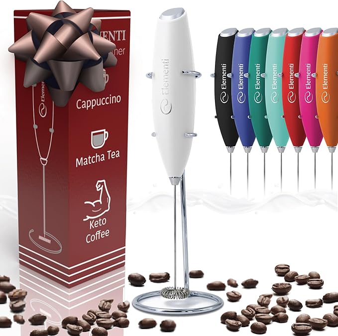 Elementi Electric Milk Frother Handheld - Make Creamy Lattes, Delicious Cappuccinos and Perfect Drinks - Compact Mixer & Coffee Stirrer with Whisk (White)