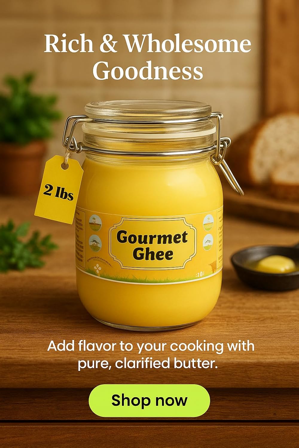 Premium Gourmet Clarified Butter - Natural & Pure Grass-Fed Ghee for Energy, Gut, and Immune Health Support - Versatile Healthy Cooking for Spreading, Baking & Sauteing 2- lbs (32Oz - Natural Ghee)