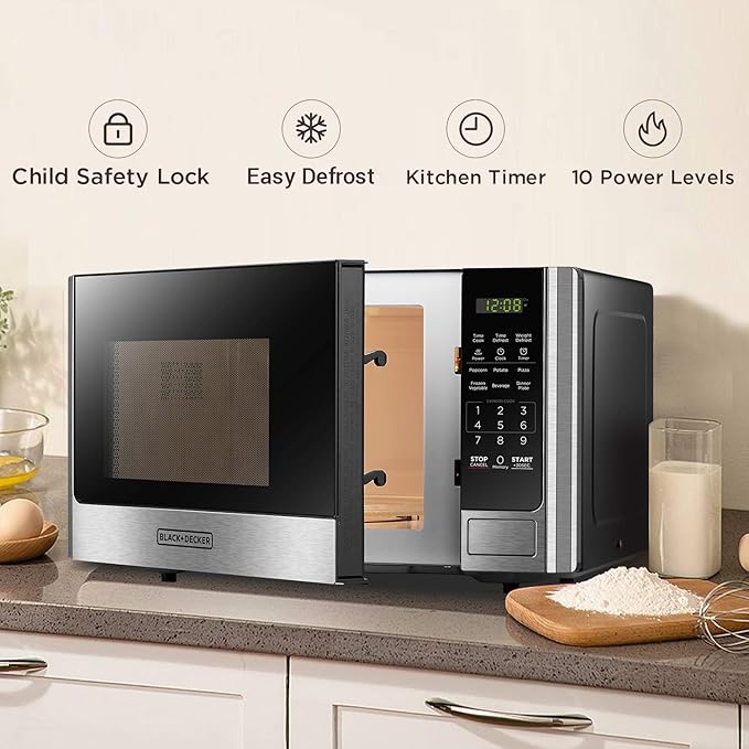 BLACK+DECKER Digital Microwave Oven with Turntable Push-Button Door, Child Safety Lock, Stainless Steel, 0.9 Cu Ft