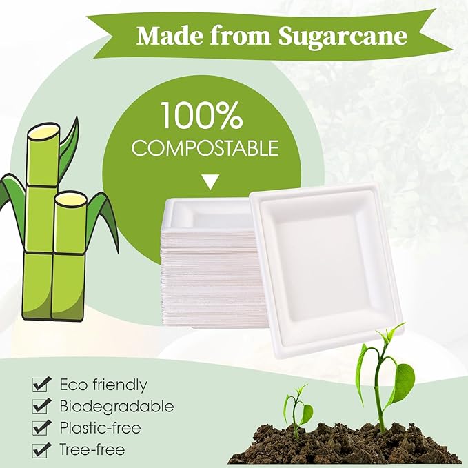 ECOLipak 7.85 Inch Compostable Square Paper Plates, 300 Count Heavy Duty Paper Plates, Eco Friendly Disposable Sugarcane for Party, Daily