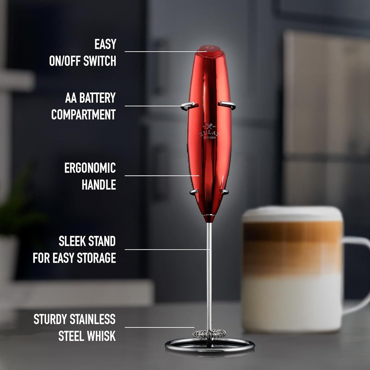 Zulay Executive Series Ultra Premium Gift Milk Frother For Coffee with Deluxe, Radiant Finish - Coffee Frother Handheld Foam Maker - Electric Milk Frother Handheld For Lattes Premium UV Red