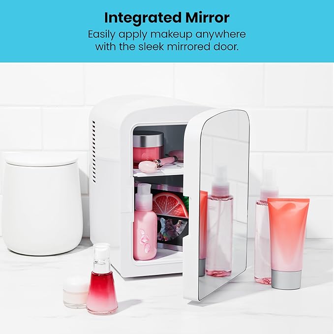 Chefman - Iceman Portable Mirrored Personal Fridge 4L Mini Refrigerator, Skin Care, Makeup Storage, Beauty, Serums & Face Masks, Small For Desktop Or Travel, Cool & Heat, Cosmetic Application, White