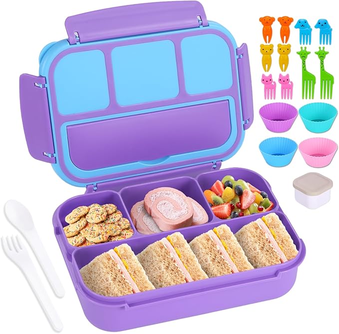 shell and turtle Bento Box for Kids Girls Boys, Bento Box Adult Lunch Box with 4 Compartments, Lunch Containers with Utensils, Sauce Jar, Muffin Liners for School, 40 Oz/5 Cup, Purple