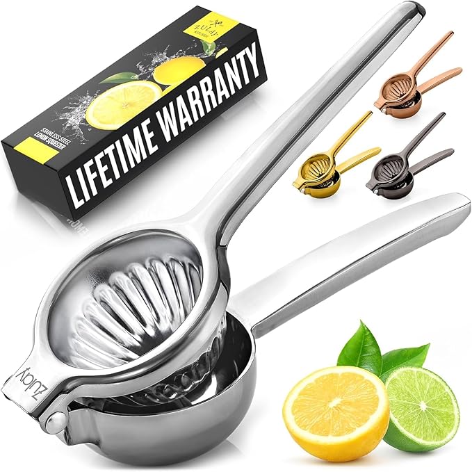Zulay Kitchen Lemon Squeezer Stainless Steel with Premium Quality Heavy Duty Solid Metal Squeezer Bowl - Large Manual Citrus Press Juicer and Lime Squeezer Stainless Steel - Silver