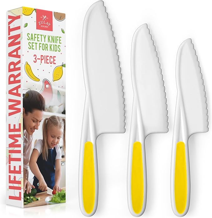 Zulay 3-Piece Kids Knife Set for Real Cooking & Baking - Toddler Knives for Cutting Fruits, Veggies, & Cake - Children’s Montessori Knife with Serrated Edges - Safe & Fun Lettuce Knife (Yellow)