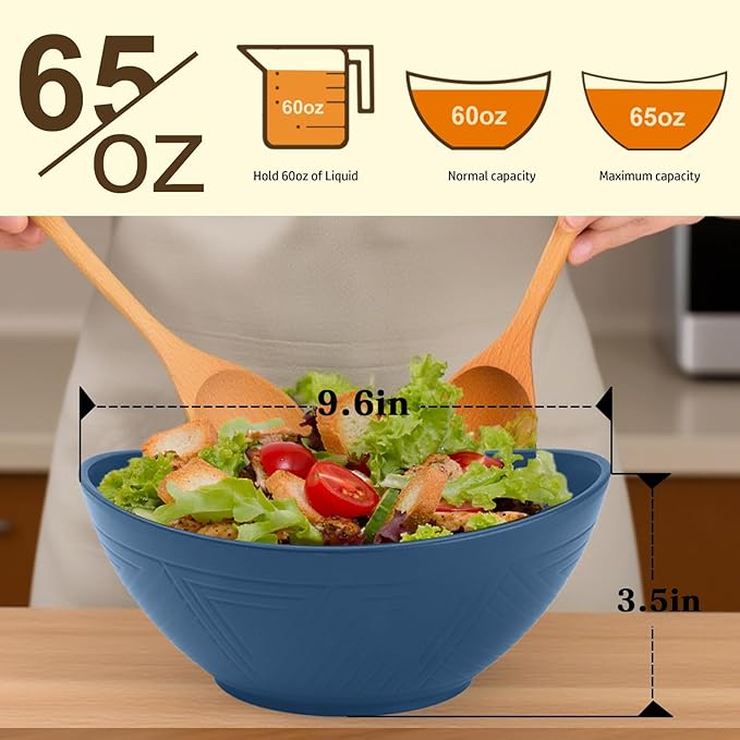 Homienly Wheat Straw Bowl Set of 6-60 OZ Large Salad Bowls,Microwave and Dishwasher Safe Bowl Set, Alternative for Plastic Bowls for Serving Soup,Popcorn Bowl for Kitchen - Blue