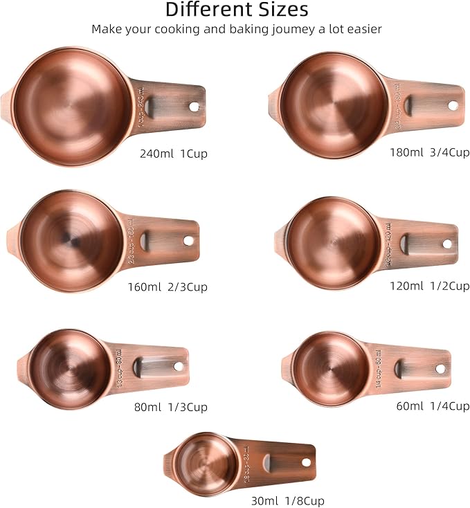 Smithcraft Copper Measuring Cups Set 7, Metric & US Stainless Steel Measuring Cups for Kitchen & Baking, Metal Measure Cups for Dry & Liquid, Nesting Measuring Cup Set with 1/8 2/3 & 3/4 Cups