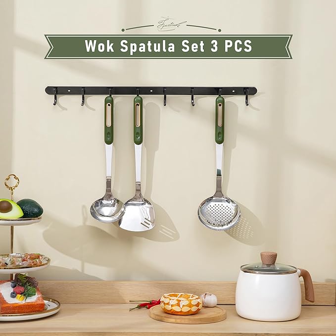 FJNATINH Wok Spatula and Ladle Skimmer Spoon - Stainless Steel Cooking Utensils Set of 3,Kitchen Wok Utensils Set,Green Handle