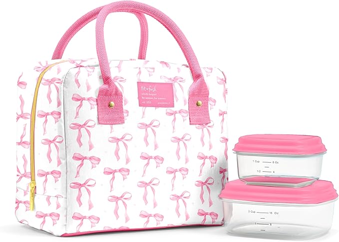 Fit & Fresh Bloomington Lunch Bag for Women - Insulated Large Lunch Box for Work with Containers, Leak-Resistant, Stain-Resistant, Zipper Closure, Pink Bows